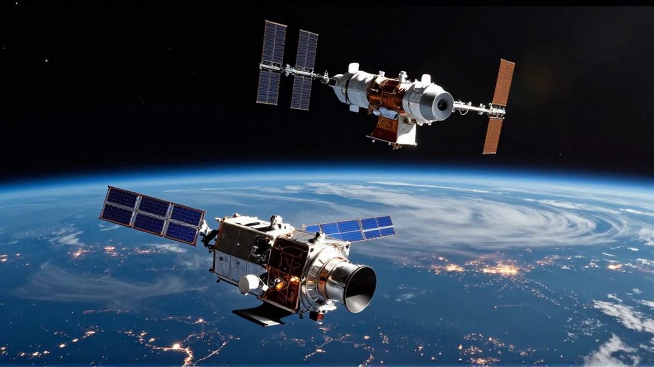 Dos satélites orbitan la Tierra sobre un fondo de nubes y luces de ciudades.