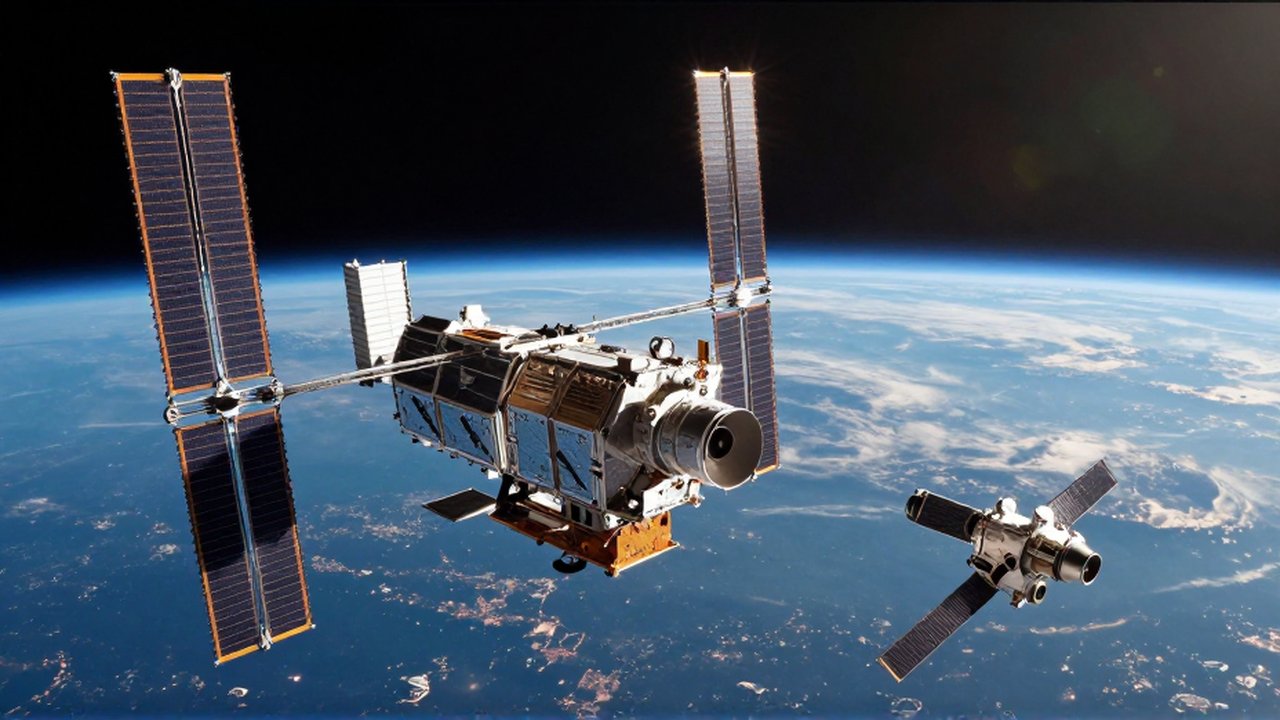 Dos satélites orbitan la Tierra con el planeta iluminado y sus luces urbanas al fondo.