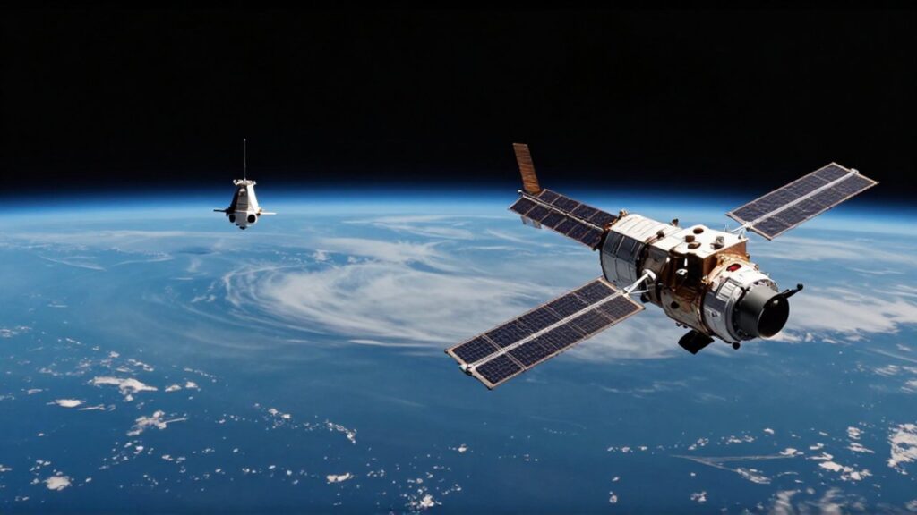 Comparativa de un satélite en órbita geoestacionaria distante y otro en órbita baja sobre la Tierra.