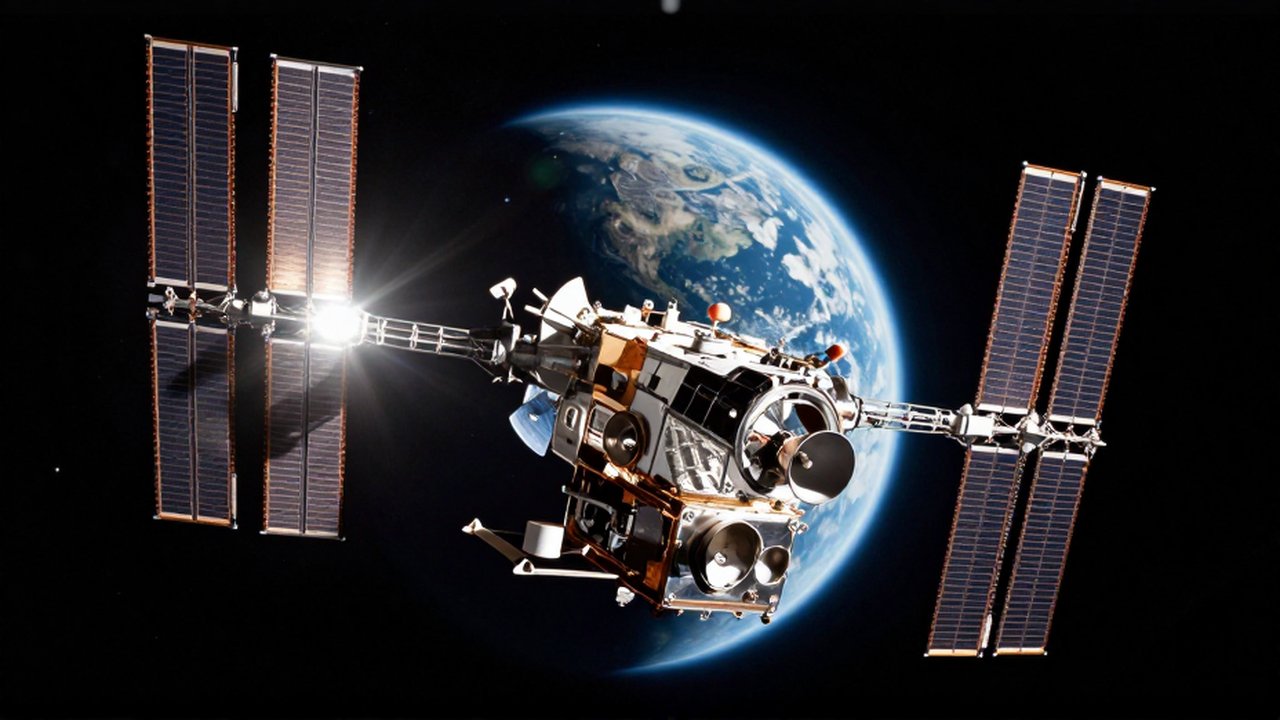 Satélite de alta tecnología con paneles solares orbitando sobre la curvatura brillante de la Tierra.