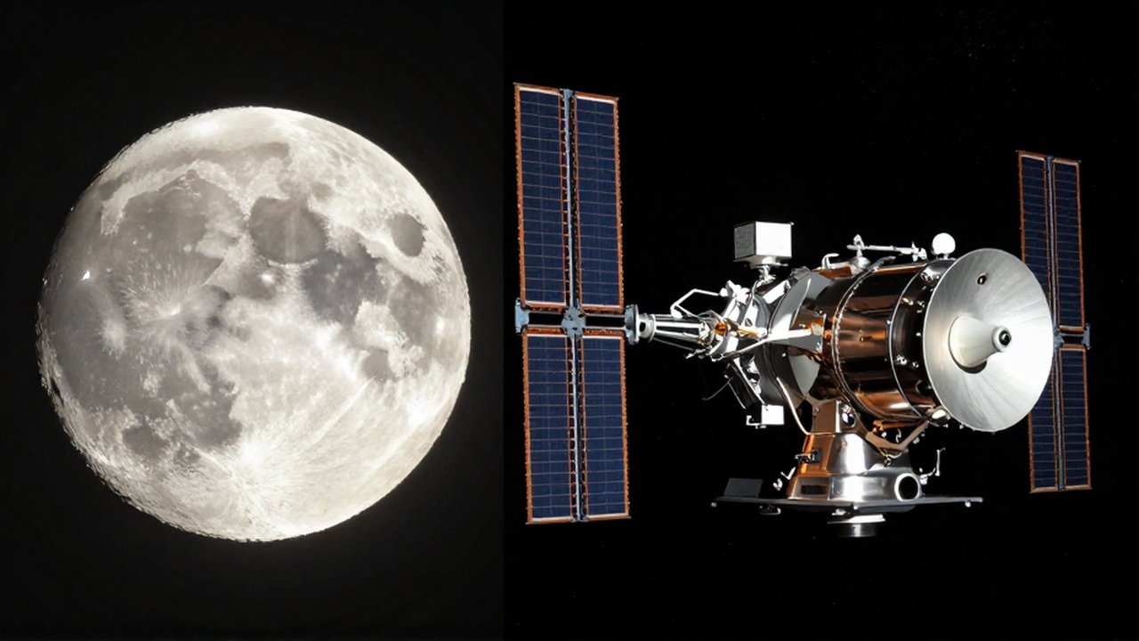 Comparación entre la Luna iluminada y un satélite de comunicaciones metálico sobre el fondo del espacio.