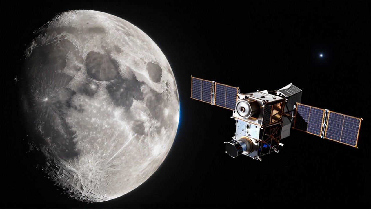 Luna detallada junto a un satélite de comunicaciones metálico en el vasto espacio estrellado.