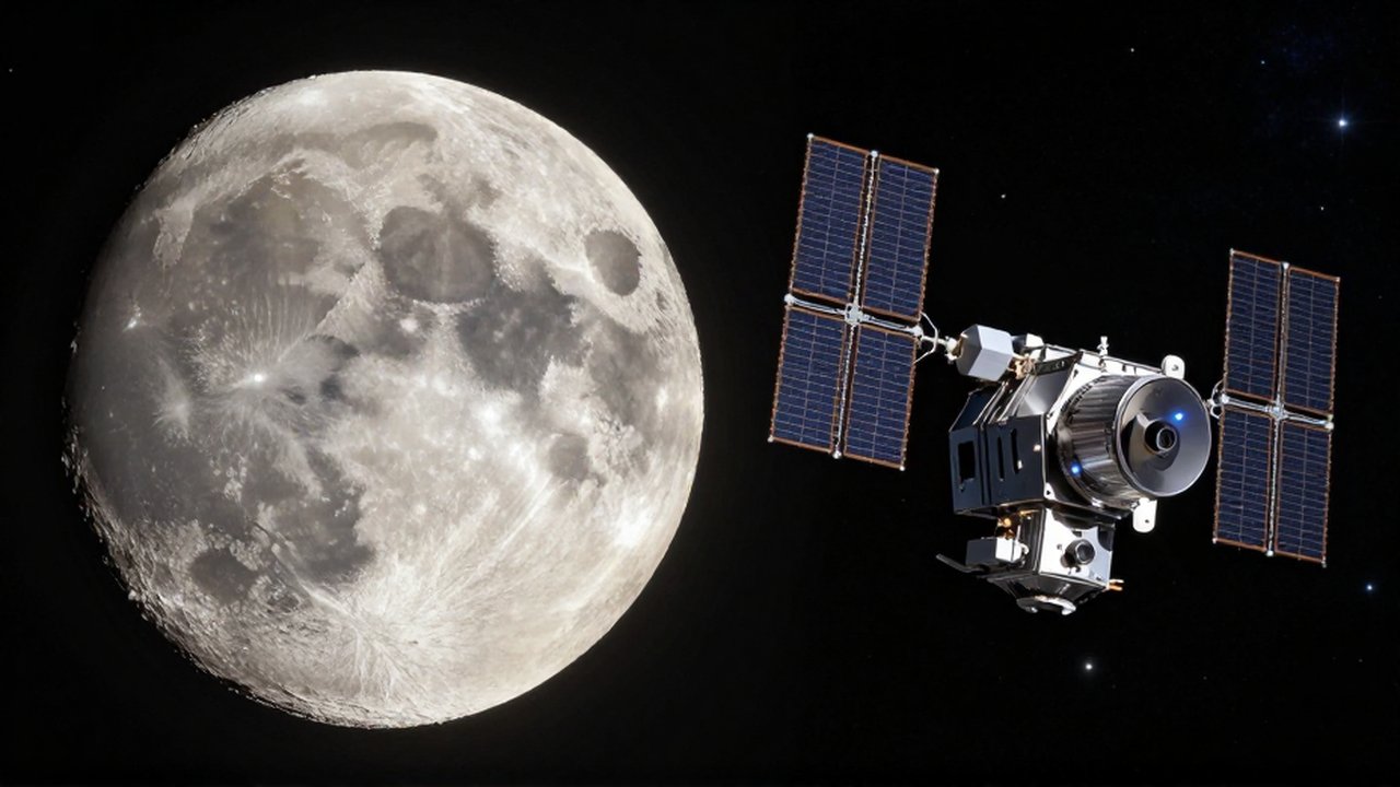 Comparación entre la superficie craterizada de la Luna y un satélite de comunicaciones metálico en el espacio.