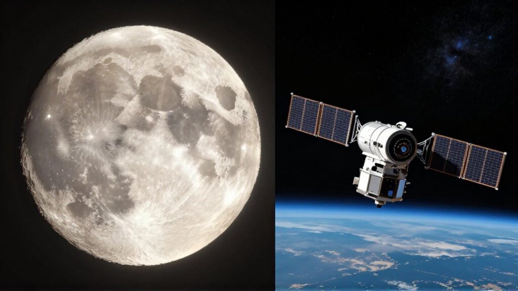 Luna llena de texturas detalladas junto a un satélite de comunicaciones avanzado sobre el fondo espacial.