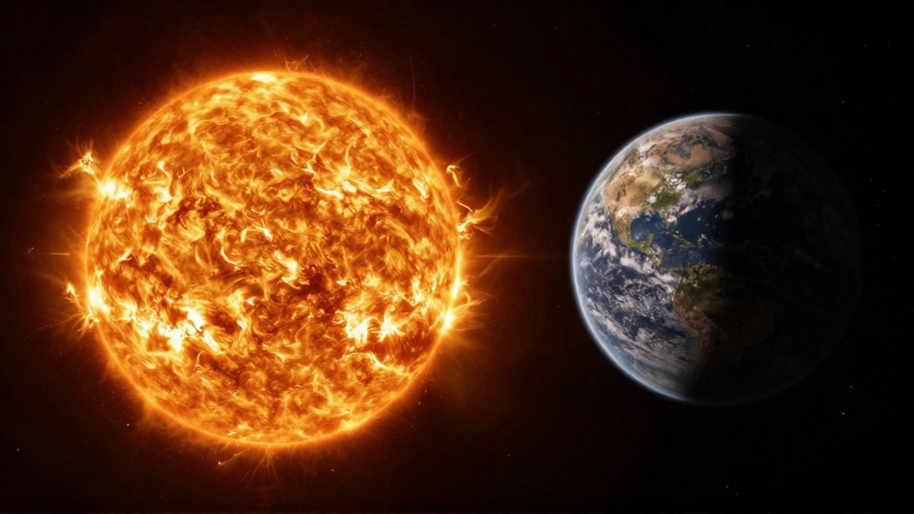 Un sol gigante con llamaradas solares junto a un planeta rocoso en el espacio profundo.
