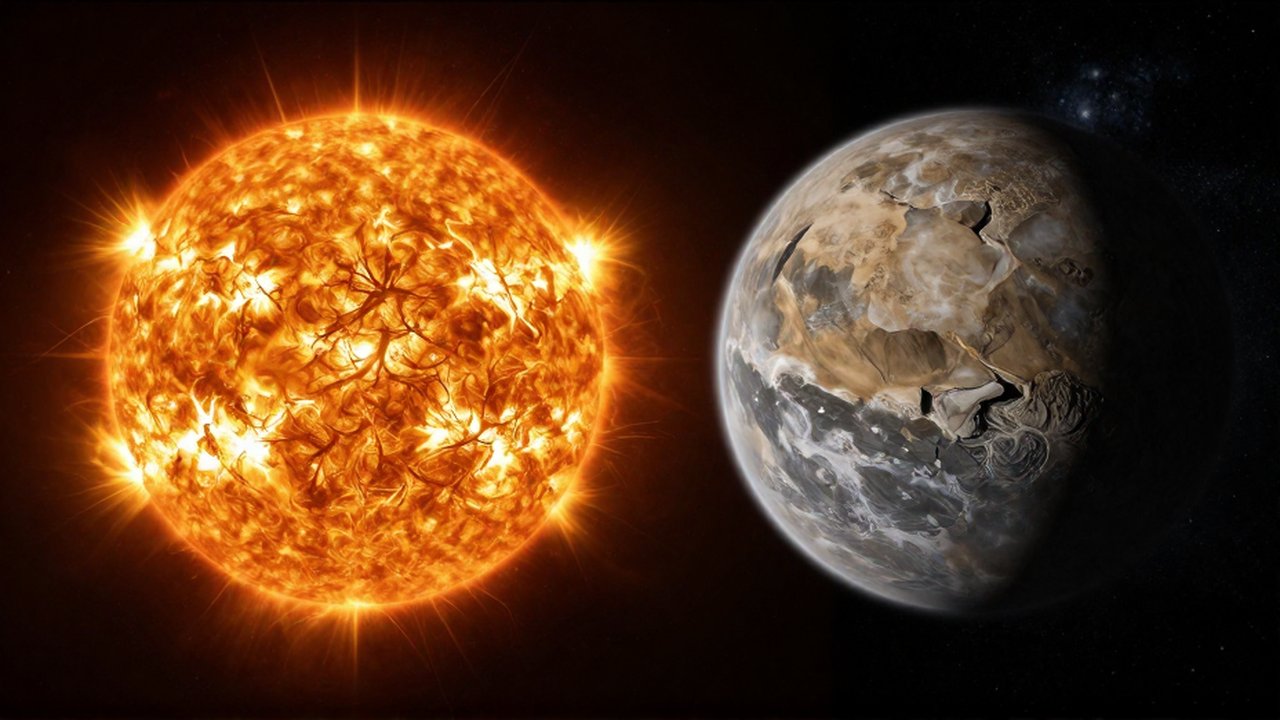 Un sol masivo con llamaradas solares resplandece junto a un planeta rocoso en el espacio profundo.
