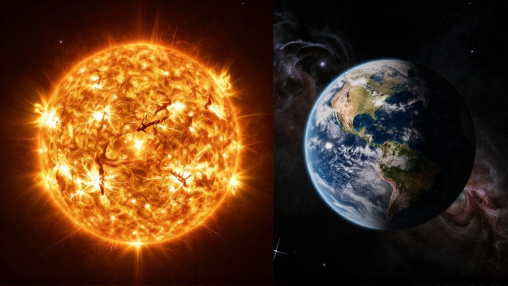 Comparación entre una estrella gigante con llamaradas solares y un planeta rocoso en el espacio.