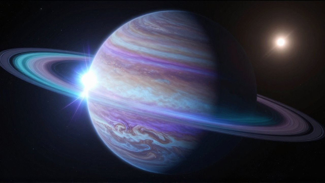 Gigantesco planeta gaseoso con auroras de color azul y violeta rodeado de nubes tormentosas y anillos distantes.