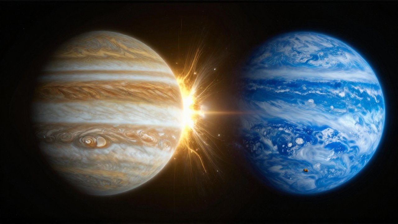 Comparación de un gigante gaseoso anaranjado y un gigante helado azul frente a un viento solar dorado.