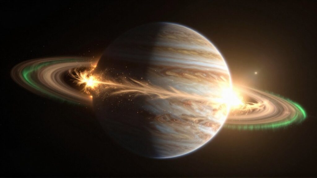 Gigantesco planeta gaseoso con tormentas turbulentas y auroras boreales brillantes en el espacio profundo.