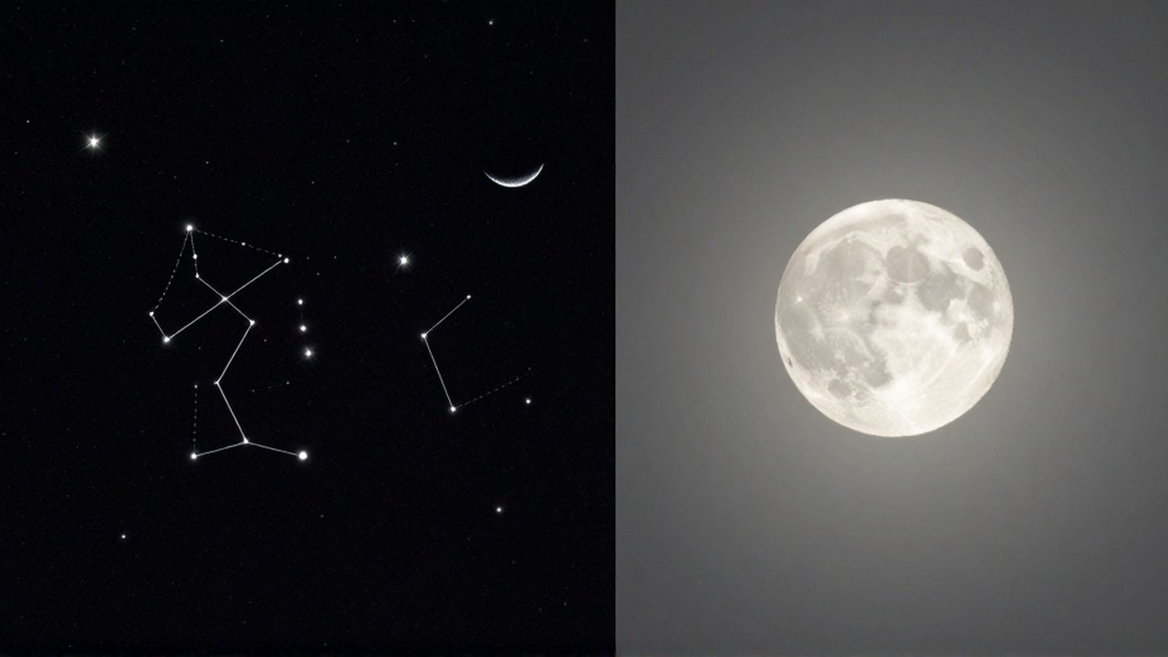 Pantalla dividida que compara un cielo nocturno estrellado bajo una luna creciente con un cielo iluminado por una luna llena.
