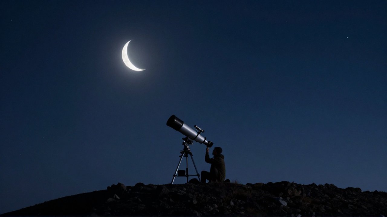 Astrónomo solitario junto a un telescopio en una montaña bajo una luna creciente y un cielo estrellado.