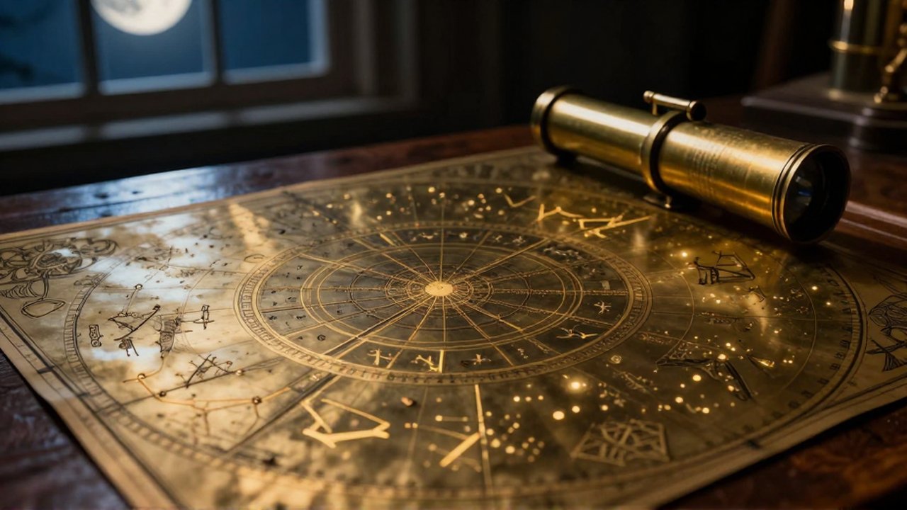 Mapa astronómico de latón antiguo con constelaciones doradas y un telescopio sobre una mesa de madera.