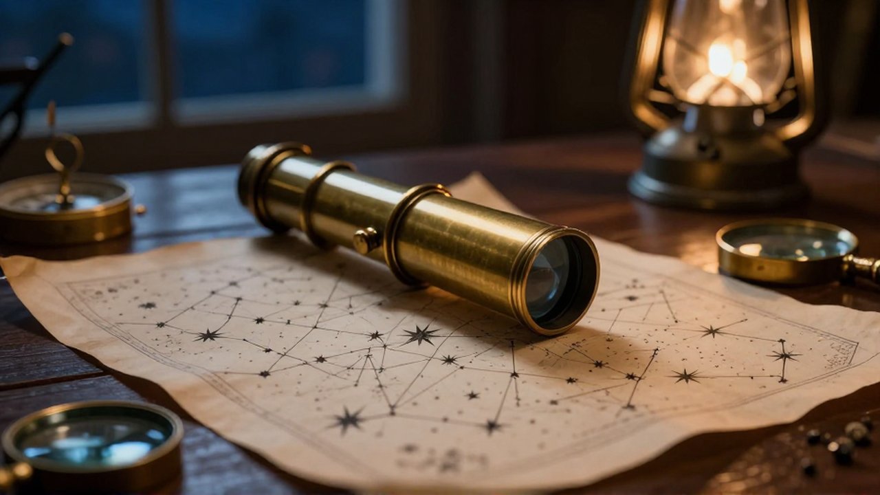 Telescopio de latón y mapa estelar antiguo sobre una mesa de madera bajo luz tenue.