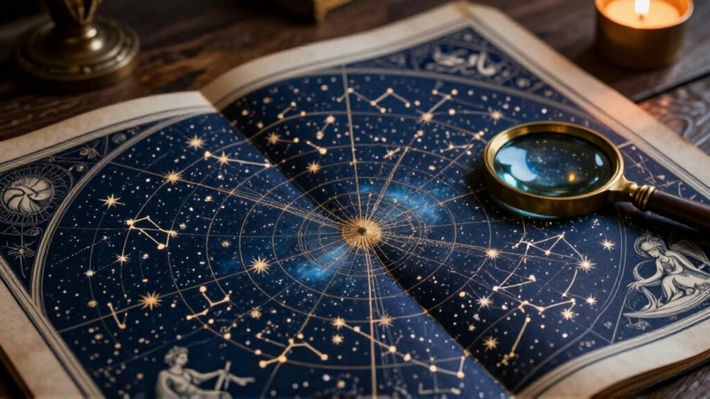 Mapa estelar antiguo con constelaciones doradas y una lupa de latón sobre una mesa de madera.