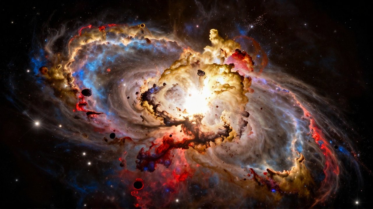 Explosión masiva de una supernova con brillantes nubes de gas dorado, azul y carmesí en el espacio profundo.