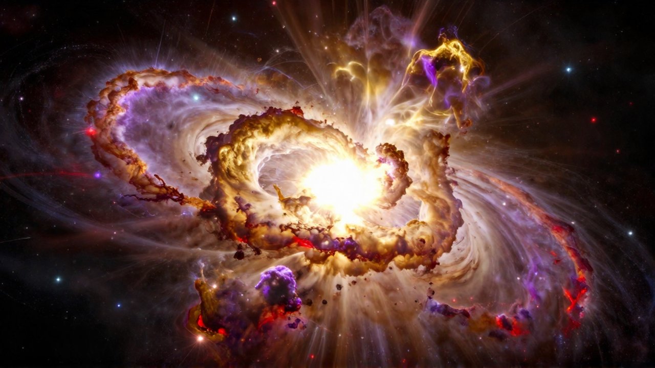 Explosión masiva de una supernova en el espacio profundo rodeada de nubes de gas violeta y dorado.