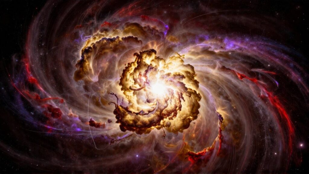 Explosión masiva de una supernova con nubes de gases dorados