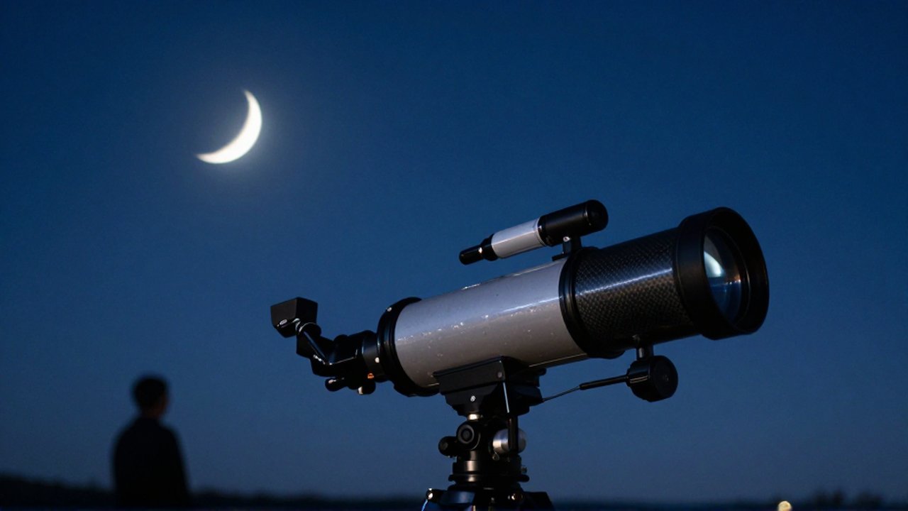 Primer plano de un telescopio moderno apuntando a la luna y Júpiter bajo un cielo estrellado.