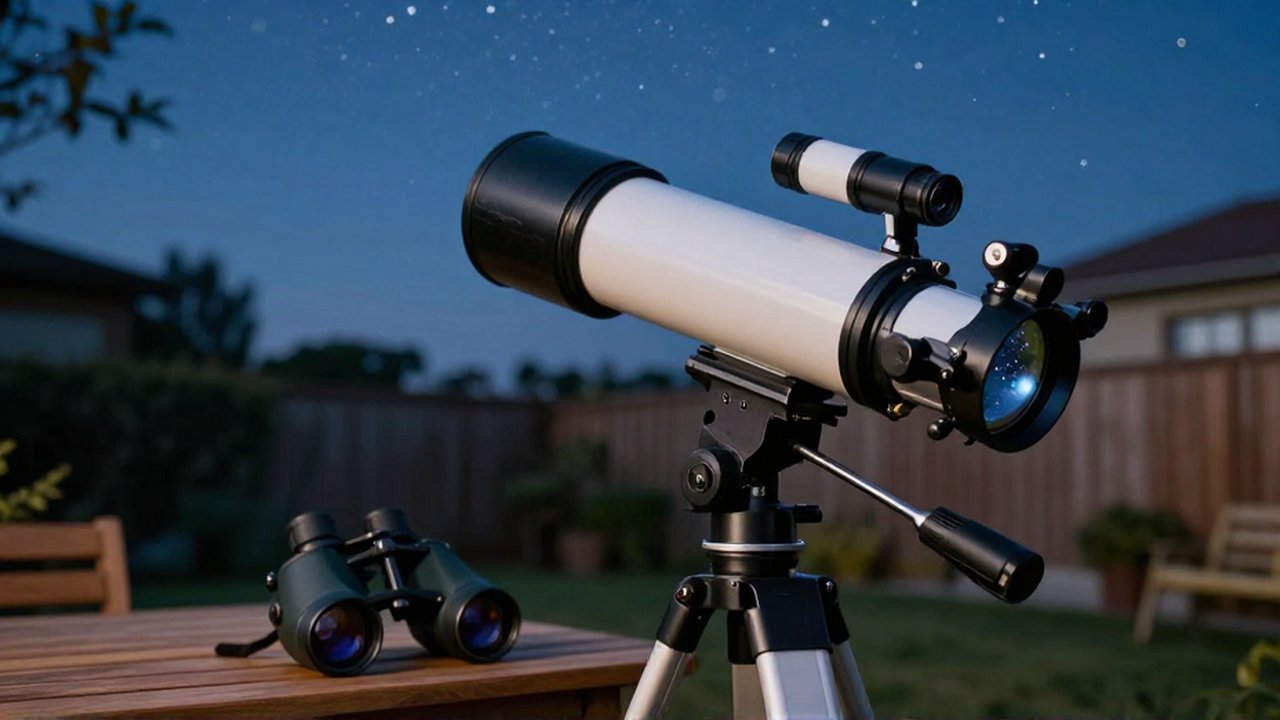 Telescopio sobre un trípode junto a unos binoculares en un jardín al anochecer.