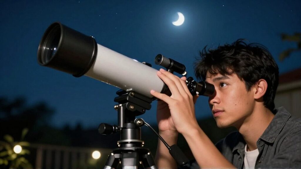 Joven astrónomo observando con curiosidad el cielo nocturno a través de un telescopio en su jardín.