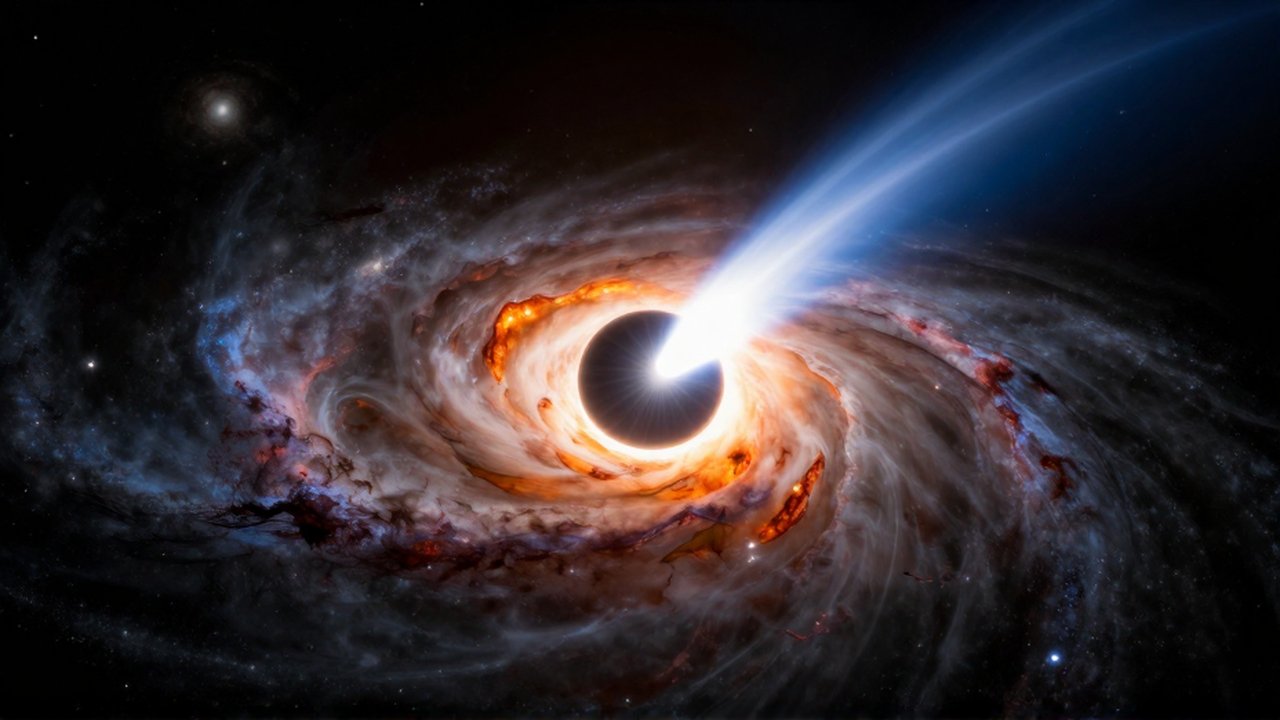 Agujero negro supermasivo con un disco de acreción brillante y potentes chorros de plasma saliendo de sus polos.