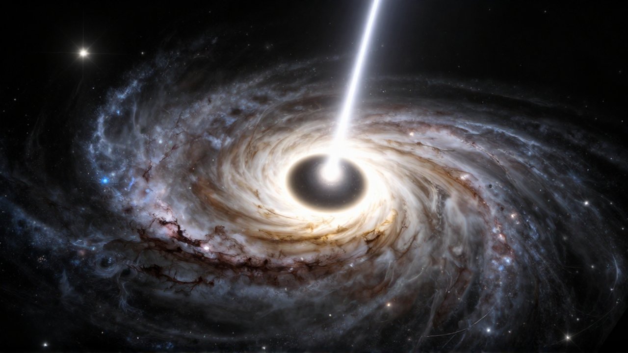Agujero negro supermasivo en el centro de una galaxia con un disco de plasma brillante y chorros de luz.