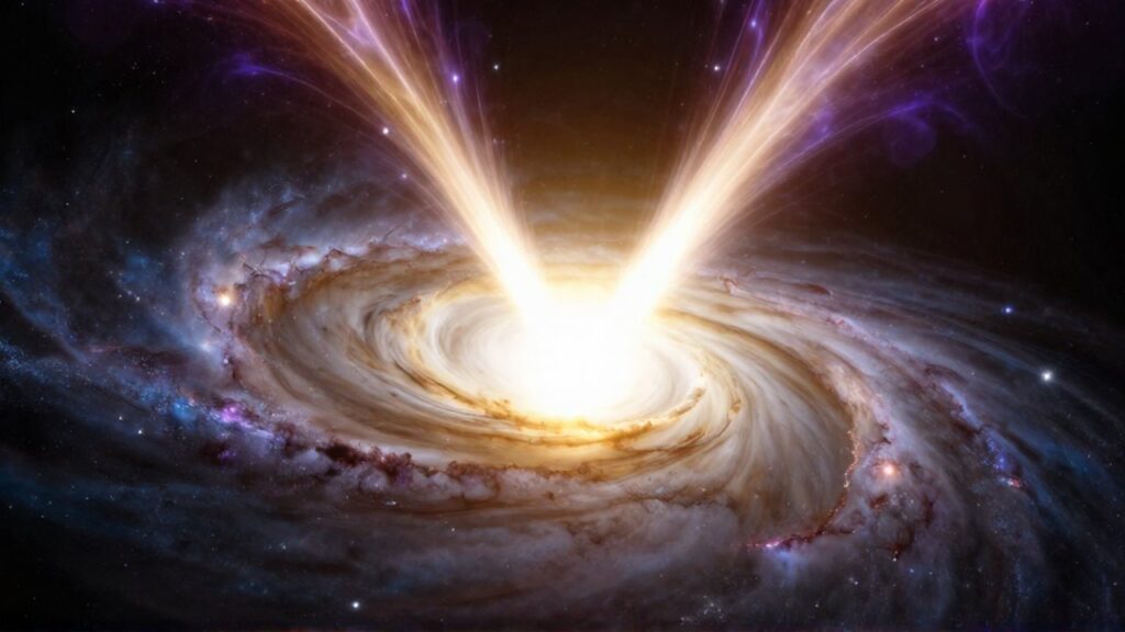 Agujero negro supermasivo con un brillante disco de plasma dorado y chorros de radiación en el espacio.