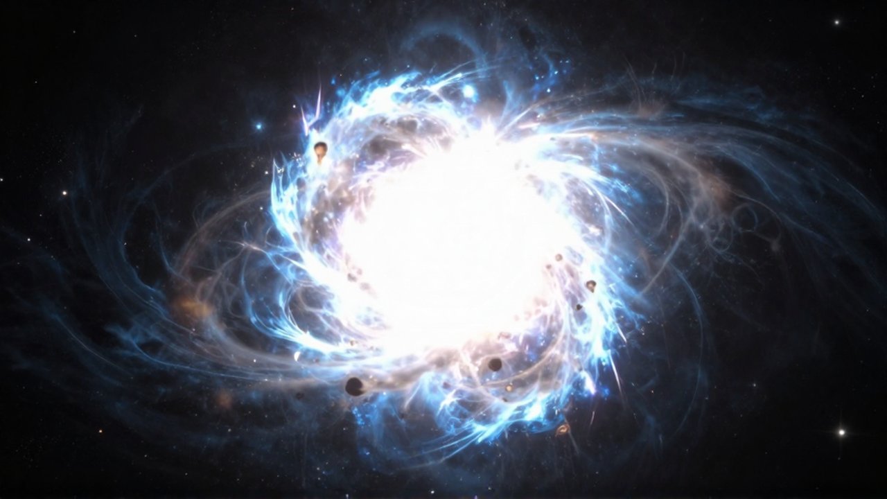Explosión cósmica de una supernova con ondas de choque brillantes expandiéndose en el espacio profundo.
