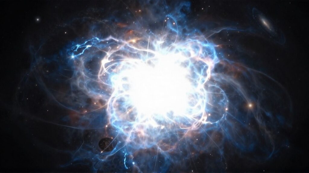 Explosión masiva de una supernova con ondas de choque brillantes expandiéndose en el espacio profundo.