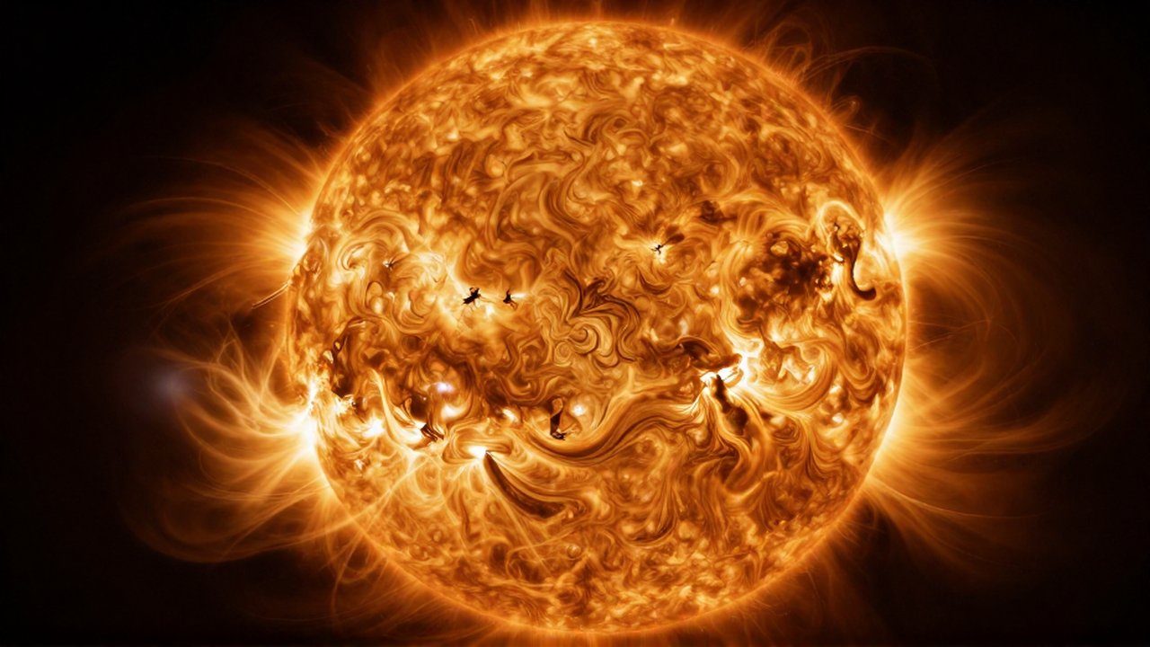 Superficie turbulenta de una estrella masiva con ondas de plasma brillante en tonos dorados y naranja.