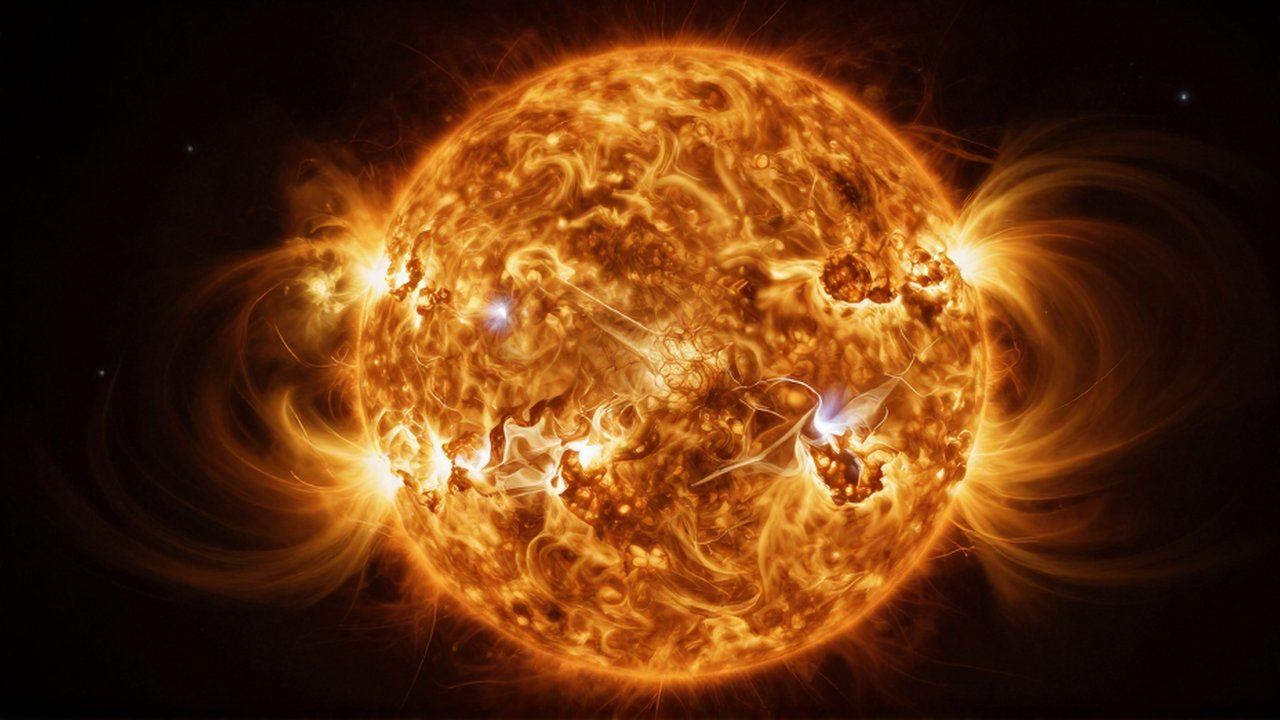 Superficie turbulenta de una estrella masiva con células de plasma brillante en tonos dorados.