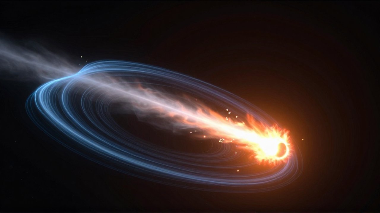 Un meteoro brillante atraviesa la atmósfera terrestre dejando un rastro de fuego entre líneas de luz azul.