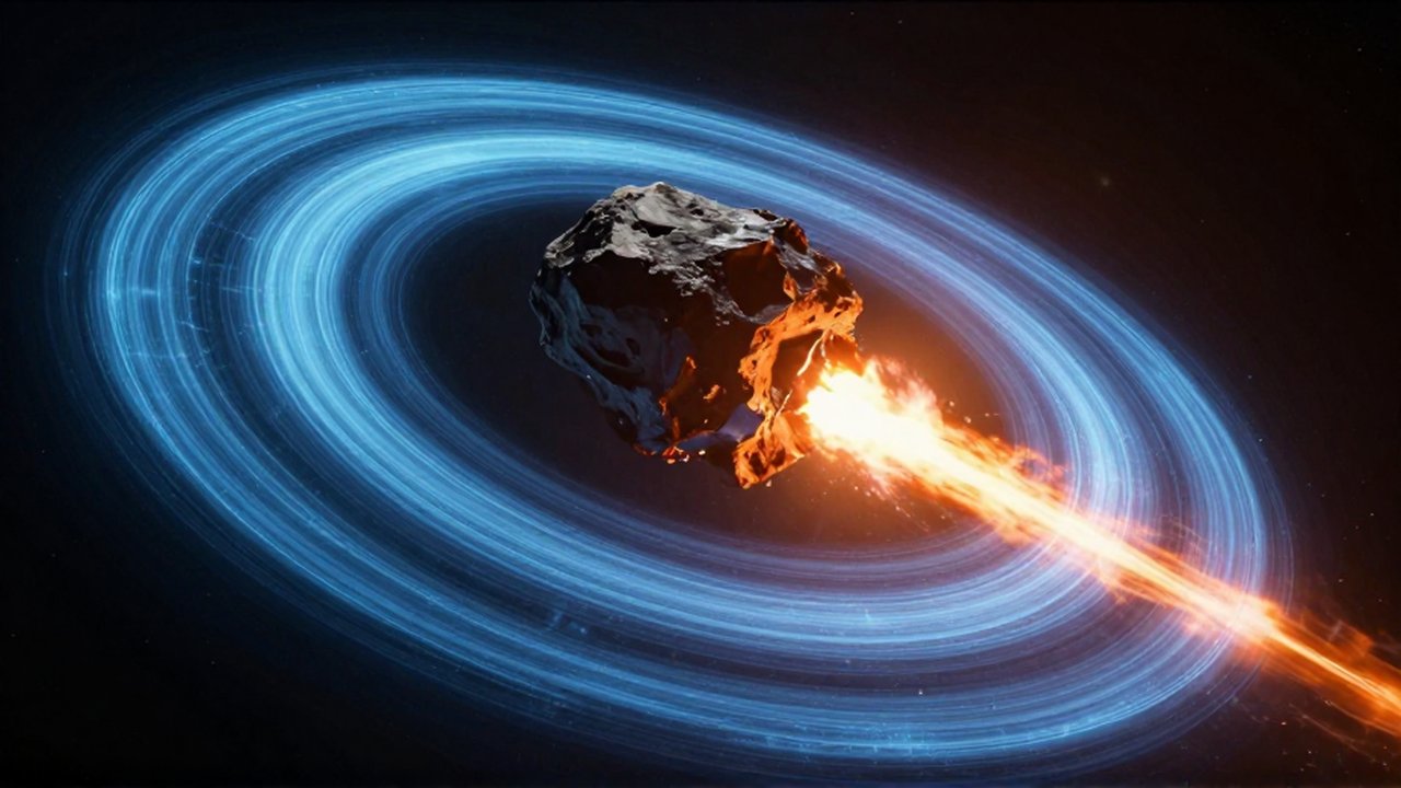 Un asteroide ardiente entra en la atmósfera terrestre protegida por un campo magnético azul brillante.
