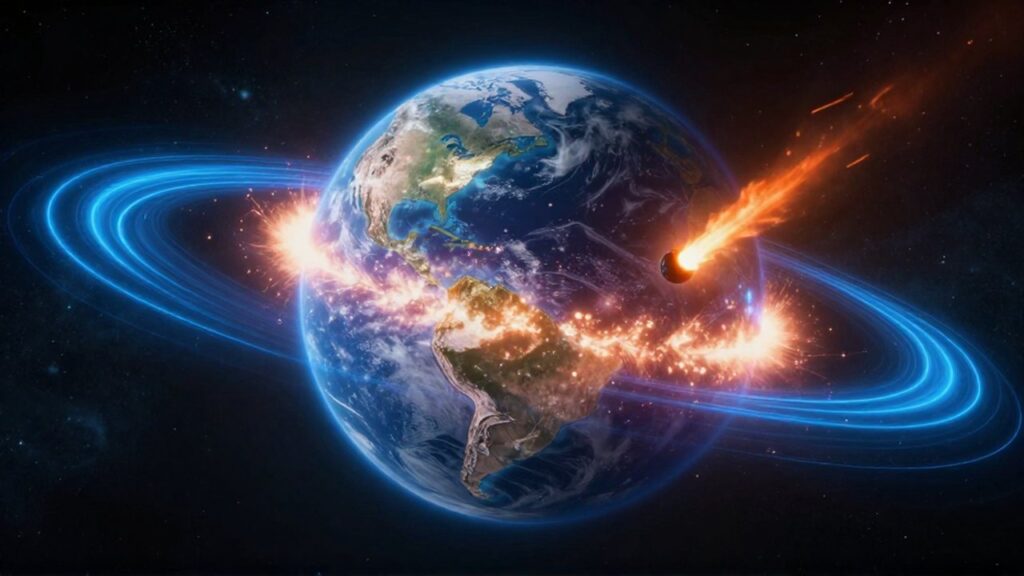 Líneas de magnetismo azul brillante rodeando la Tierra mientras un pequeño meteorito envuelto en fuego entra en la atmósfera.