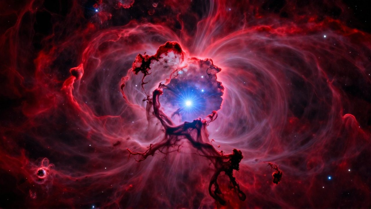 Nebulosa de gas rojo y magenta con un grupo de estrellas azules brillantes en el centro.