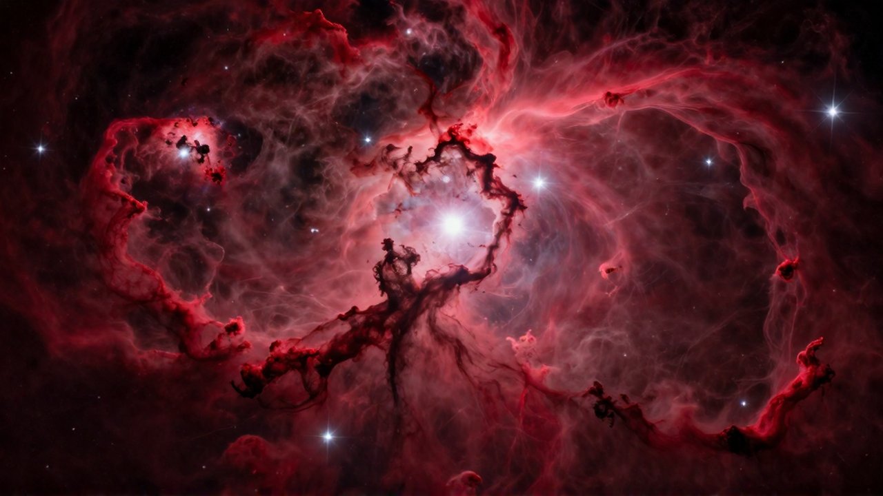 Nébula de emisión con nubes de gas carmesí y magenta iluminadas por estrellas brillantes.