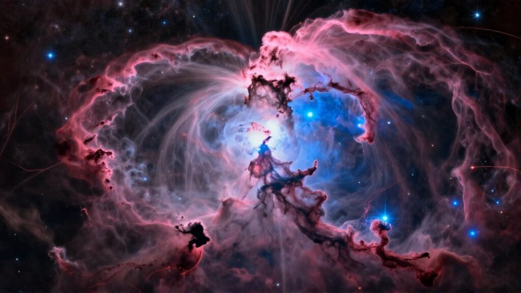 Nebulosa de emisión con nubes de gas en tonos rosa y azul rodeando estrellas jóvenes.