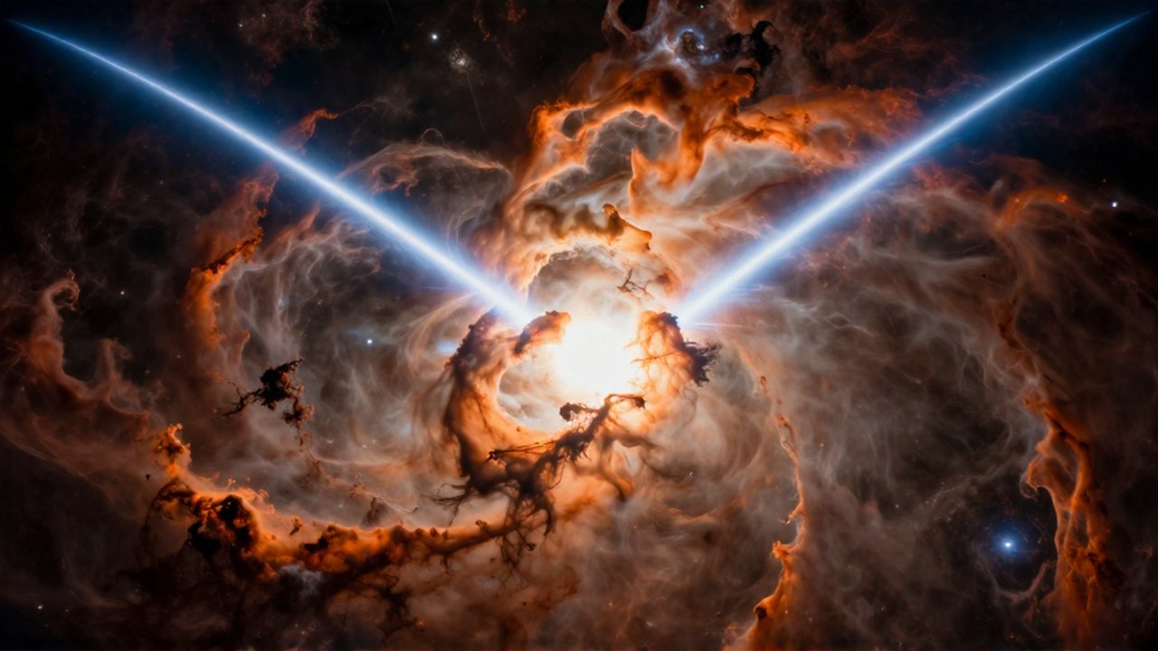 Protoestrella brillante en una nebulosa con dos potentes chorros de gas saliendo de sus polos.