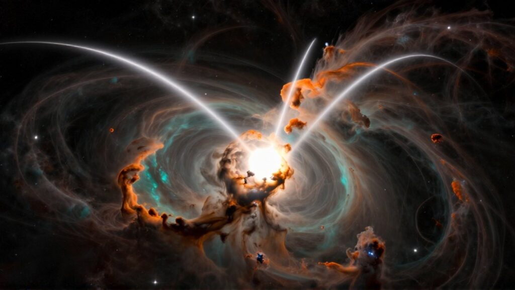 Protostrella brillante con chorros de gas expulsándose entre nubes de polvo cósmico naranja y azul.