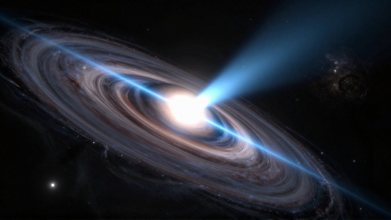Púlsar de estrella de neutrones emitiendo intensos haces de luz azul entre polvo y nebulosas cósmicas.