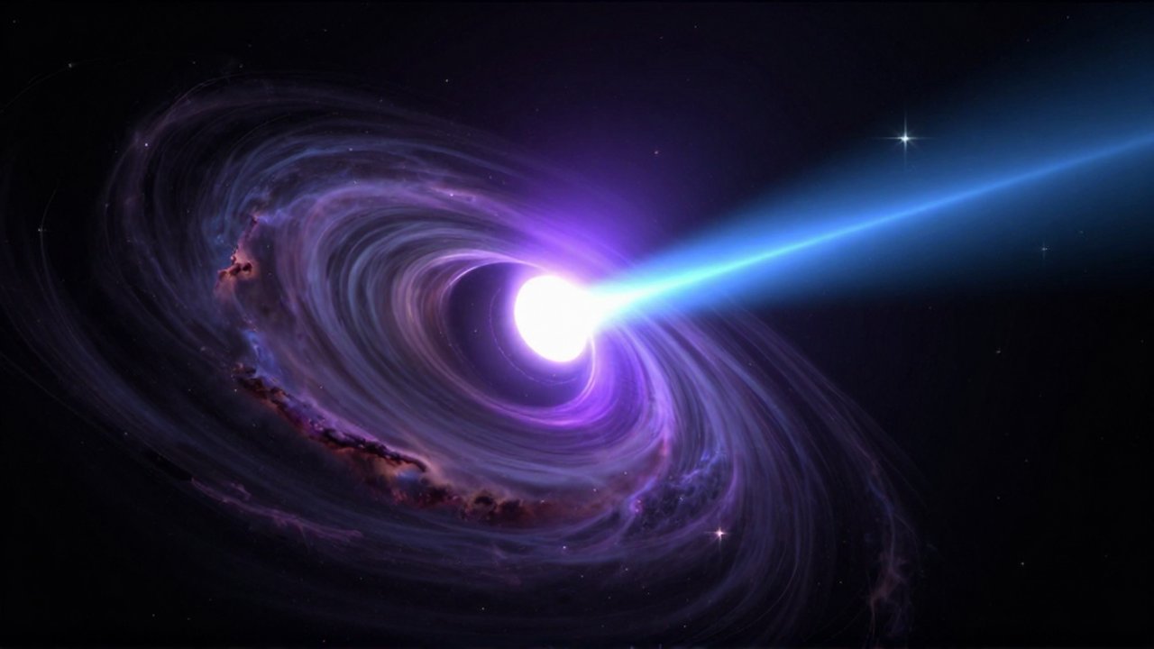 Púlsar giratorio en el espacio profundo con intensos haces de luz azul y violeta rodeado de nebulosas.
