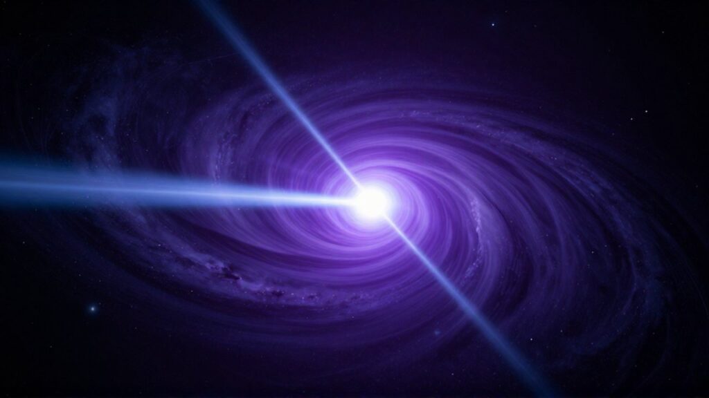 Púlsar masivo girando en el espacio profundo con intensos haces de luz y un disco de acreción brillante.