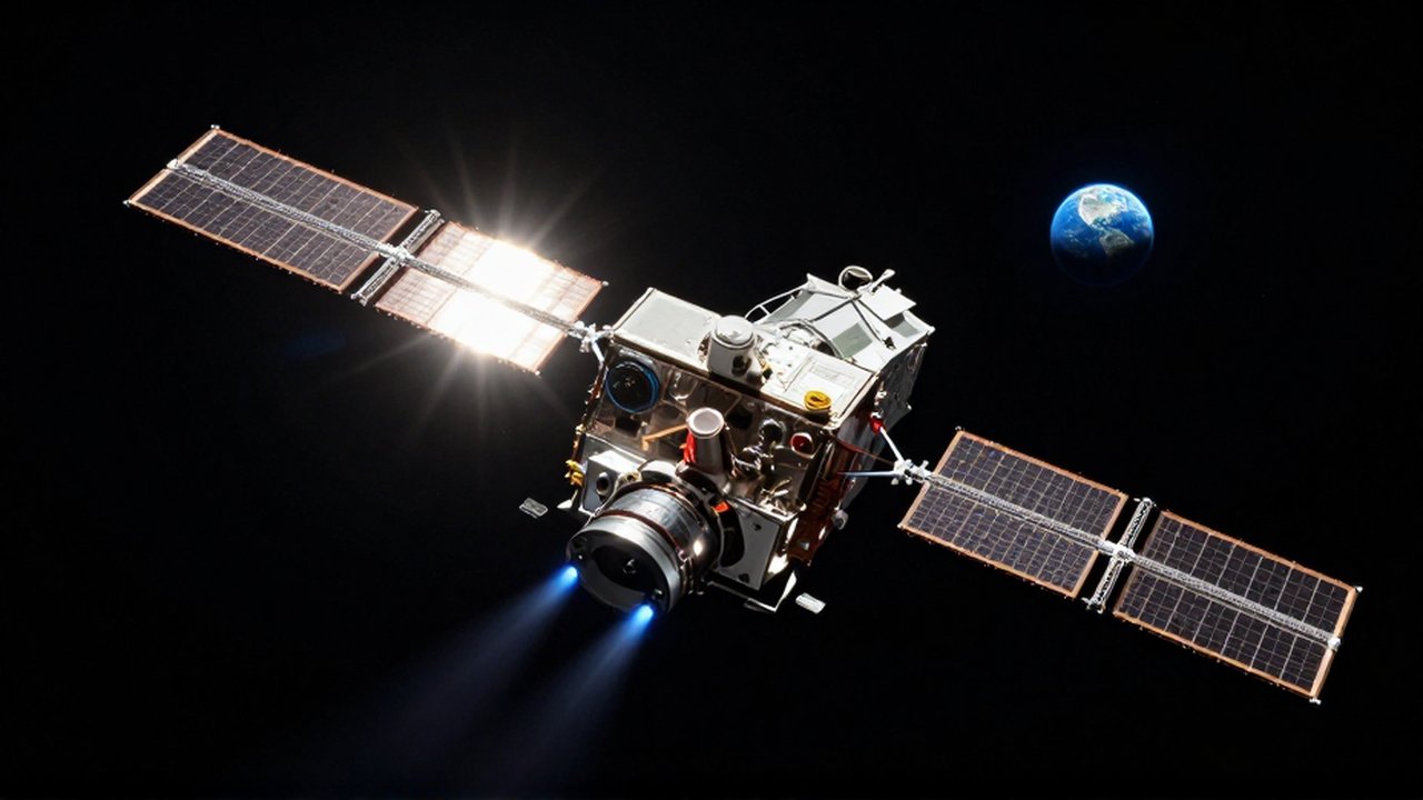 Satélite de comunicaciones con propulsores azules en el espacio profundo ante la Tierra distante.