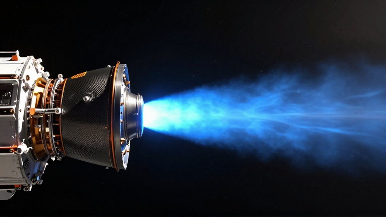 Propulsión de un satélite tecnológico con un chorro de luz azul en el espacio profundo.