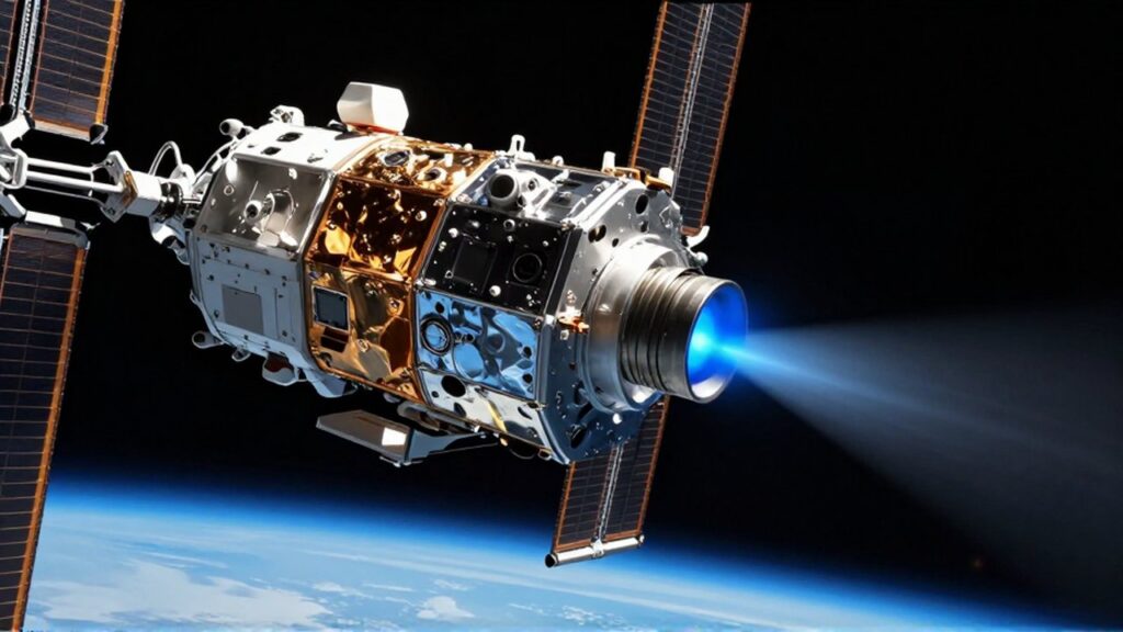 Satélite de comunicaciones con paneles solares y un pequeño chorro de luz azul en órbita terrestre.