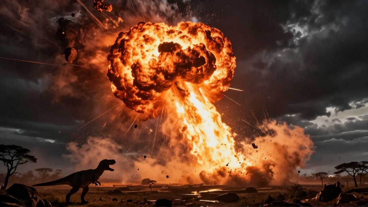 Un enorme asteroide envuelto en fuego entra en la atmósfera sobre un paisaje prehistórico con un dinosaurio.