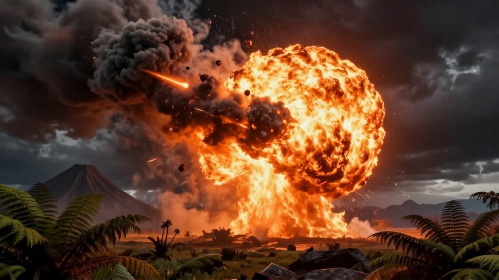 Gran asteroide con estela de fuego entrando en la atmósfera sobre un paisaje prehistórico.