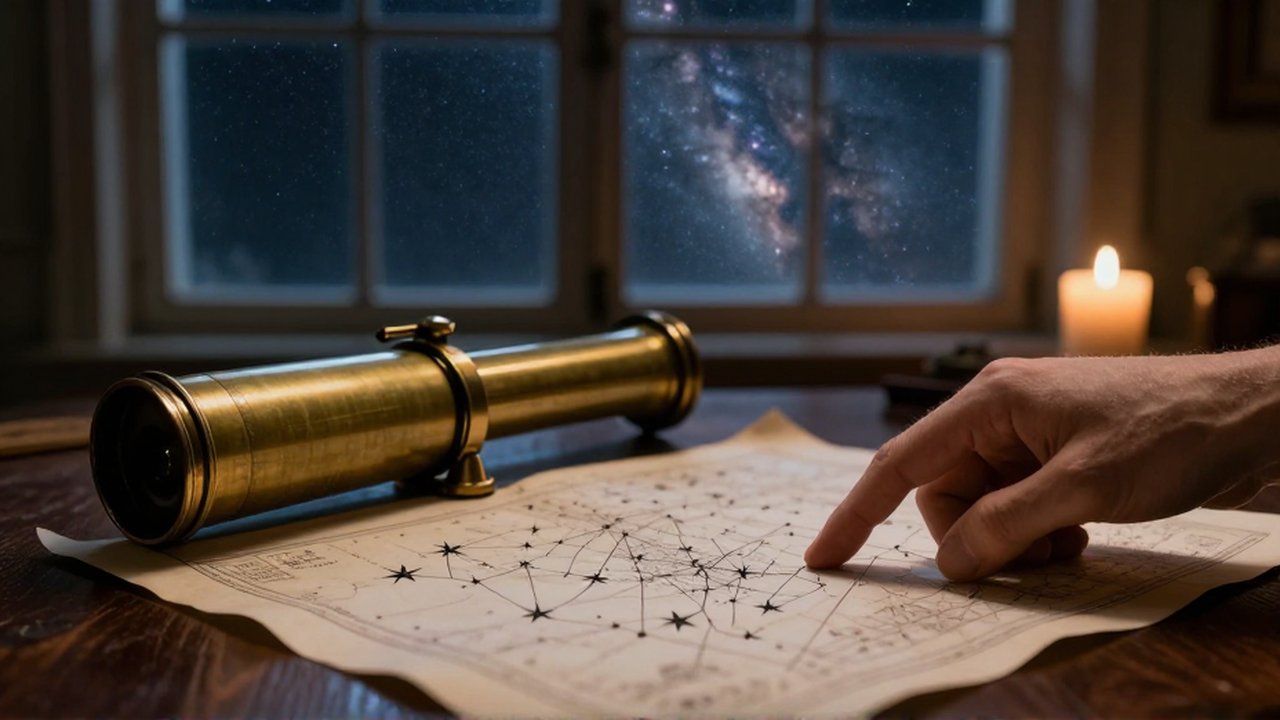 Mano señalando una constelación en un mapa estelar junto a un telescopio de latón.