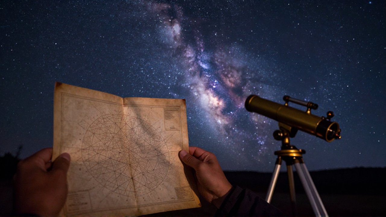 Manos de un astrónomo sosteniendo un mapa estelar retro frente a la Vía Láctea.